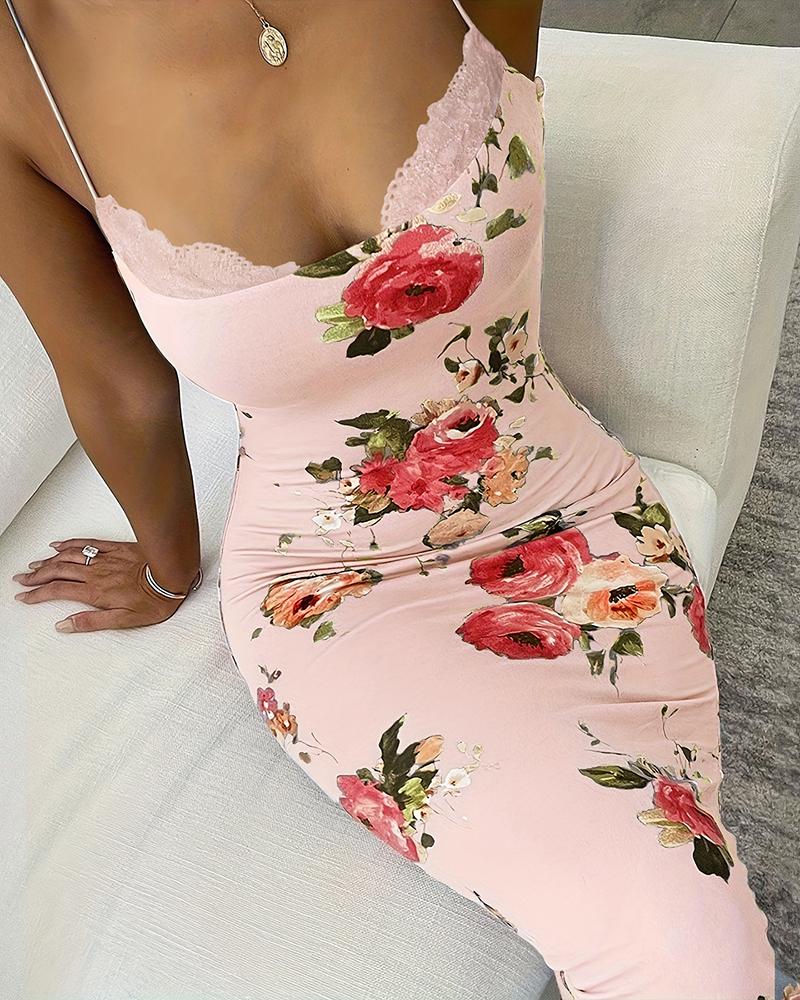 

Lace Trim Spaghetti Strap Floral Print Dress, Light pink