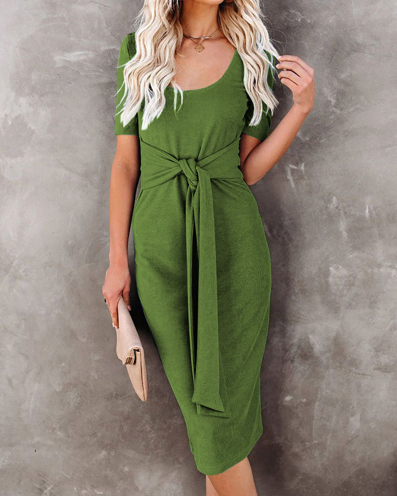 

Short Sleeve Tied Detail Casual Dress, Green