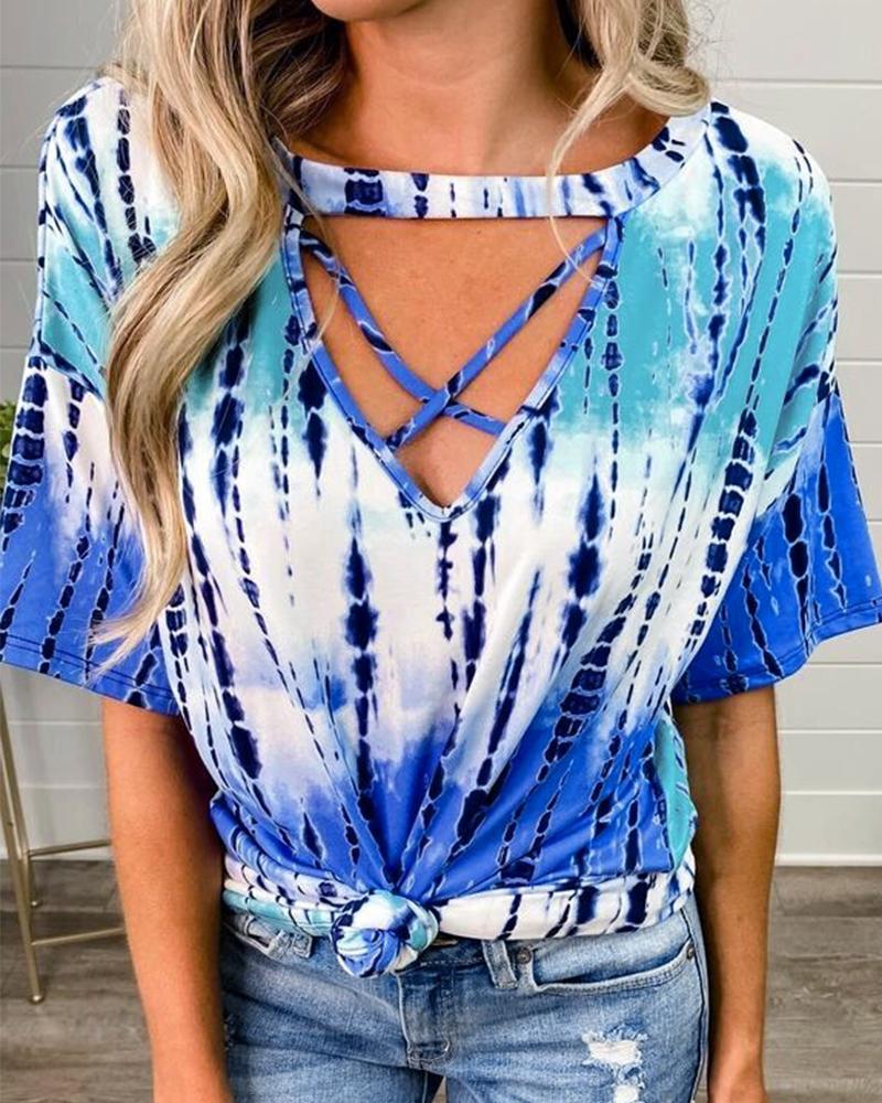 

Tie Dye Print Cut-out Short Sleeve T-shirt, Blue