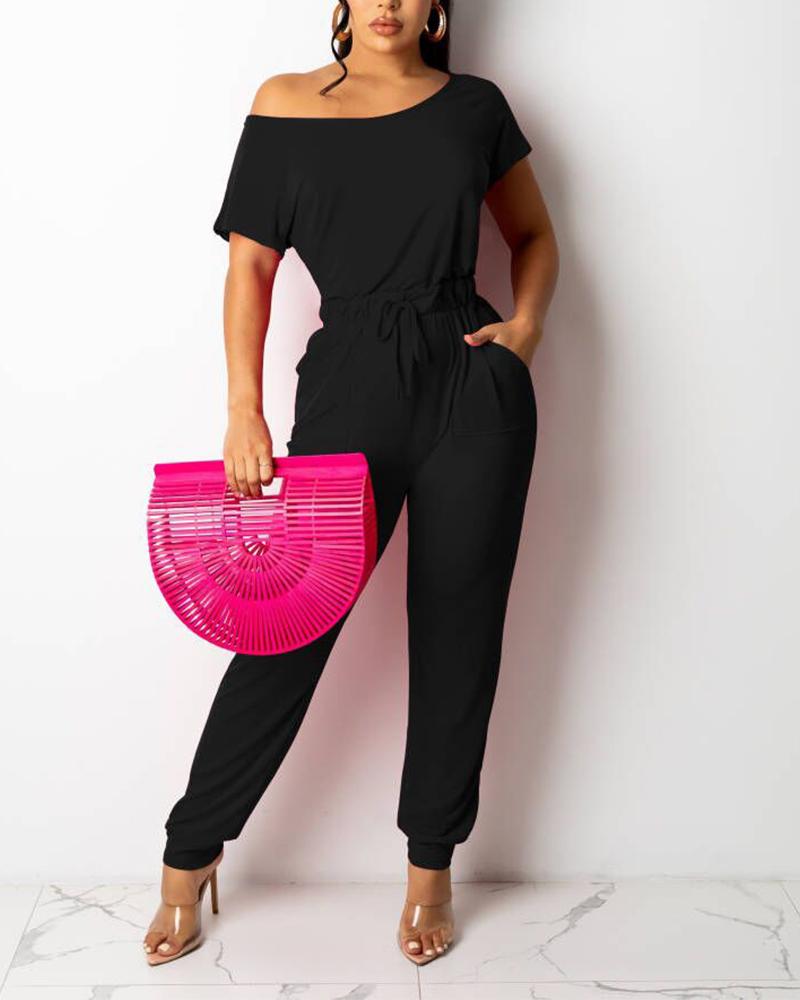 

Solid Color One Shoulder Drawstring Waist Jumpsuit, Black