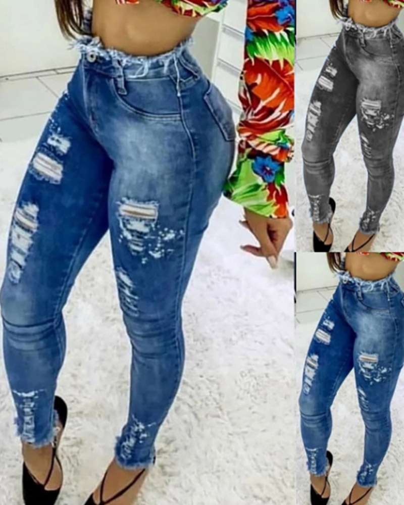 

Fringe Hem High Waist Ripped Jeans, Blue