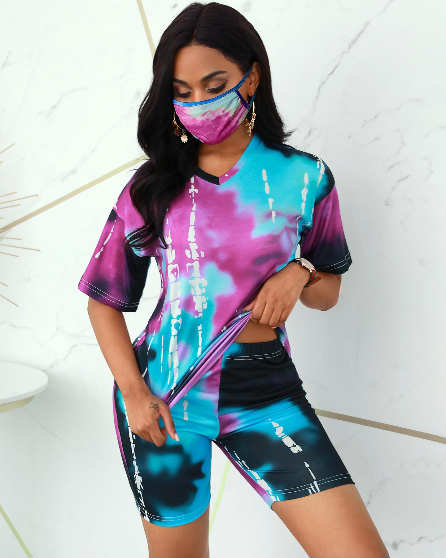 

Tie Dye Print V-neck Top & Shorts Set, Black