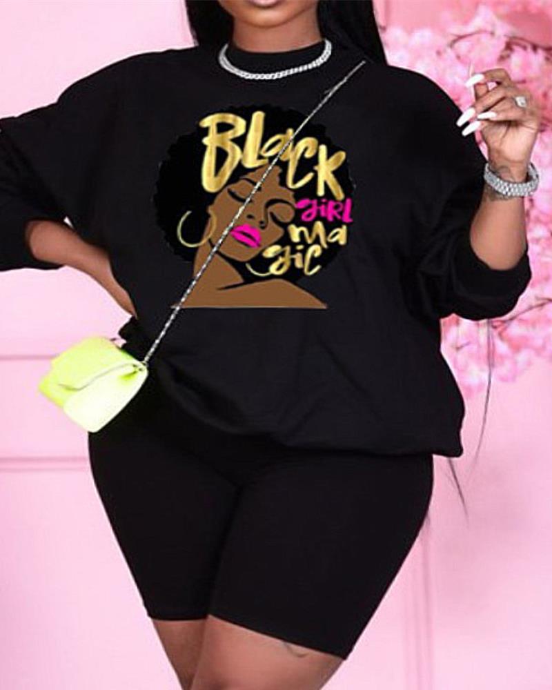 

Plus Size Figure Letter Print Long Sleeve Top & Shorts Set, Black