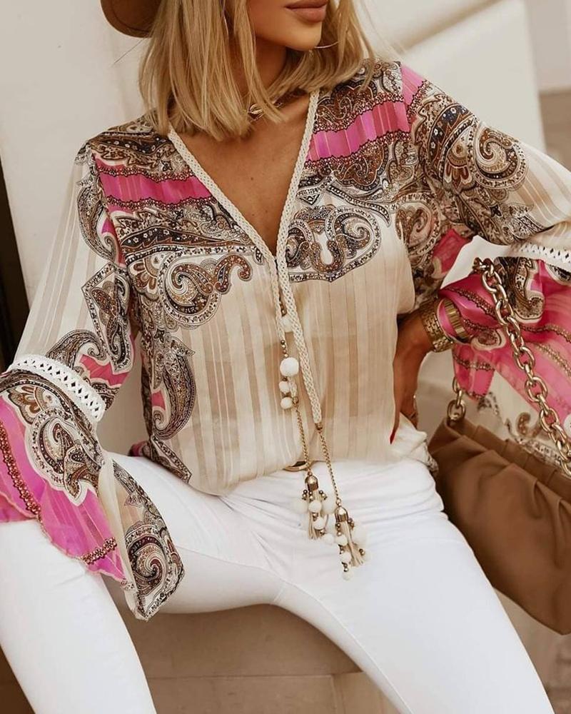 

Paisley Print Lace Patch Tassel Design Top, Pink