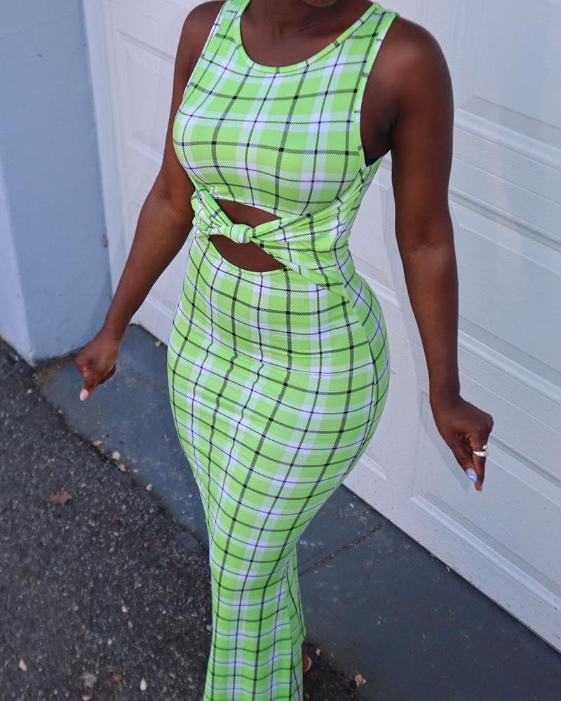 

Plaid Print Twisted Cutout Front Tank Dress, Green