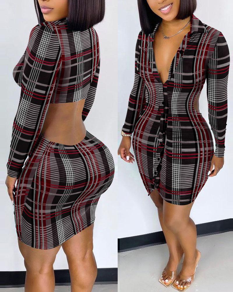 

Plaid Print Cutout Back Ruched Shirt Dress, Gray