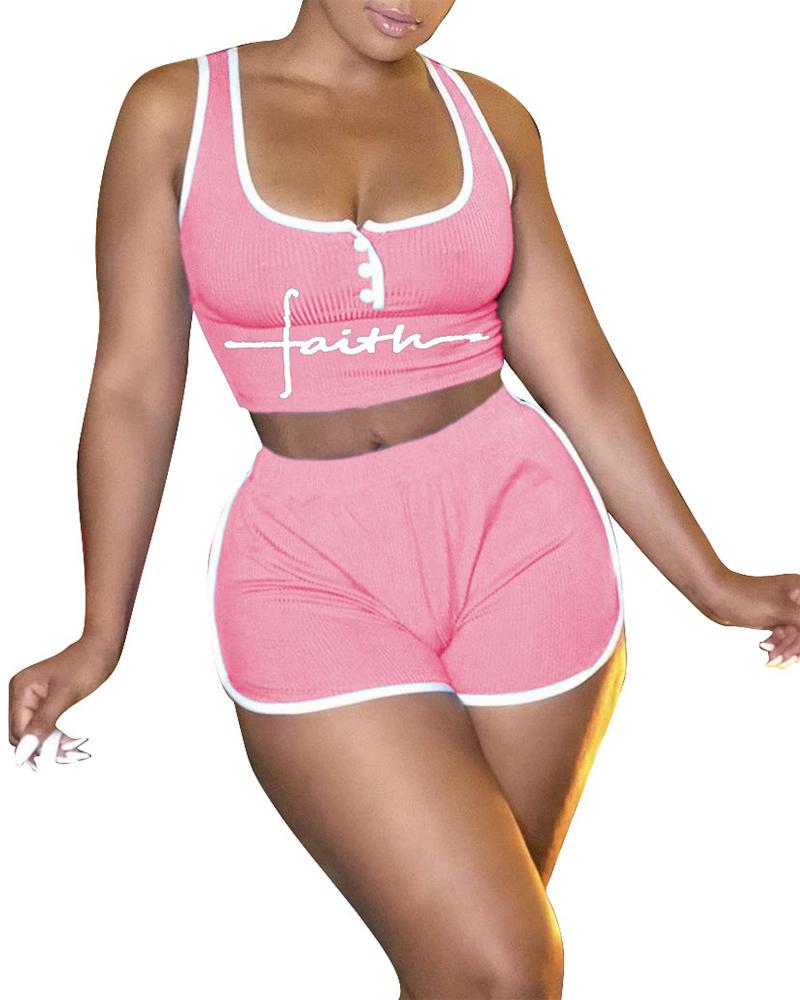 

Contrast Binding Letter Print Top & Shorts Set, Pink