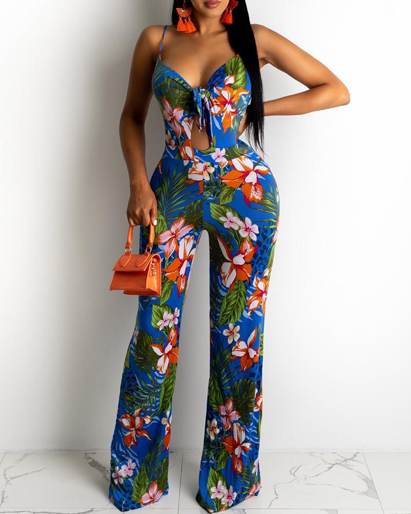 

Floral Leaf Leopard Print Tie Front Jumpsuit, Blue