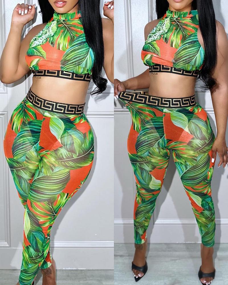 

Tropical Print Geo Tape Patch Crop Top & Pants Set, Green