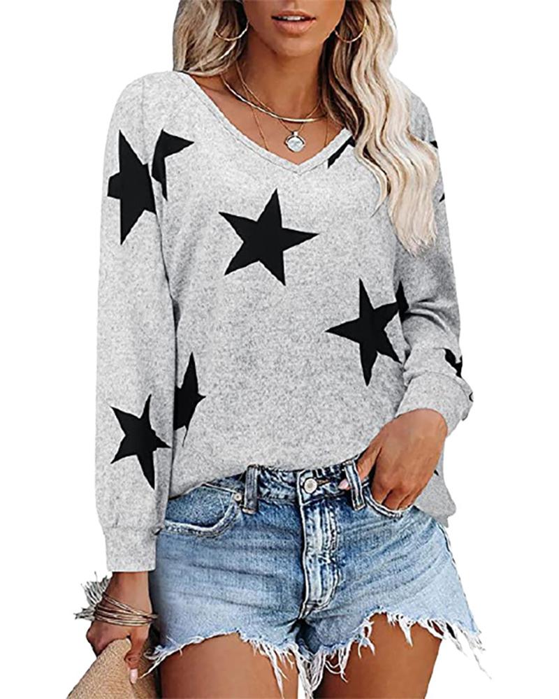 

Star Print V-Neck Long Sleeve Top, Gray