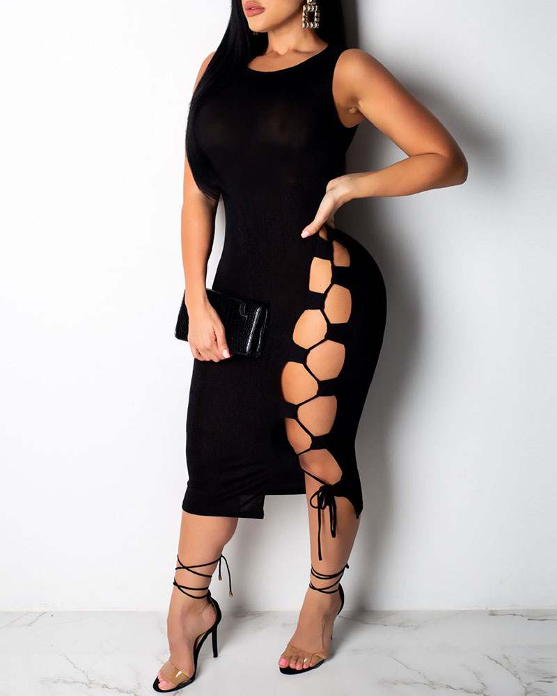

Cutout Lace Up Tied Detail Party Dress, Black