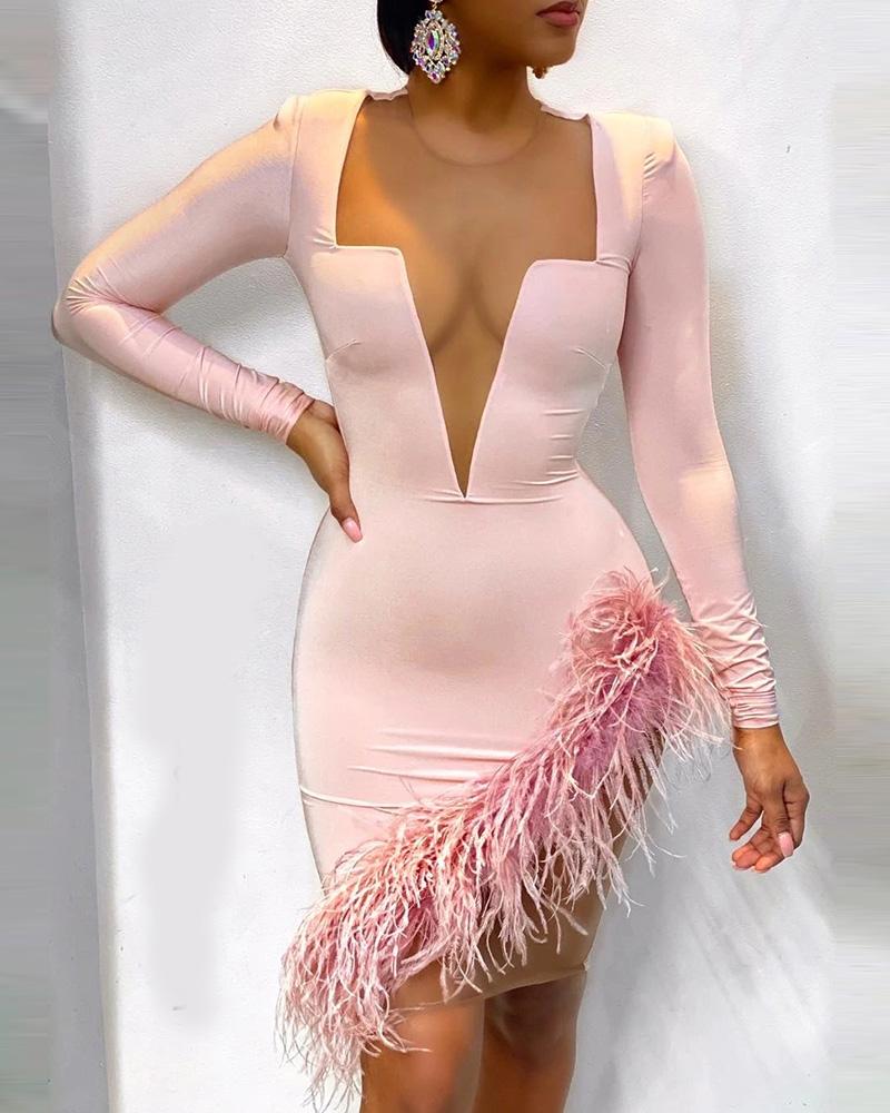 

Fluffy Trim Cutout Sheer Mesh Bodycon Dress, Pink