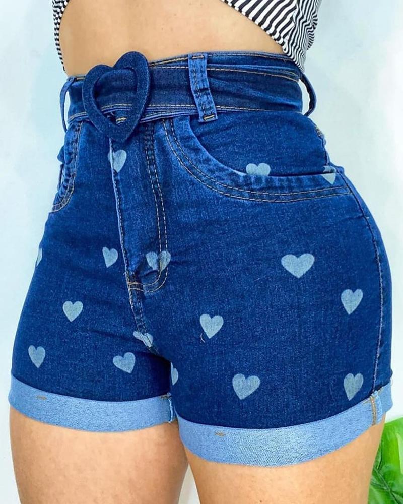 

Heart Print High Waist Denim Shorts, Blue