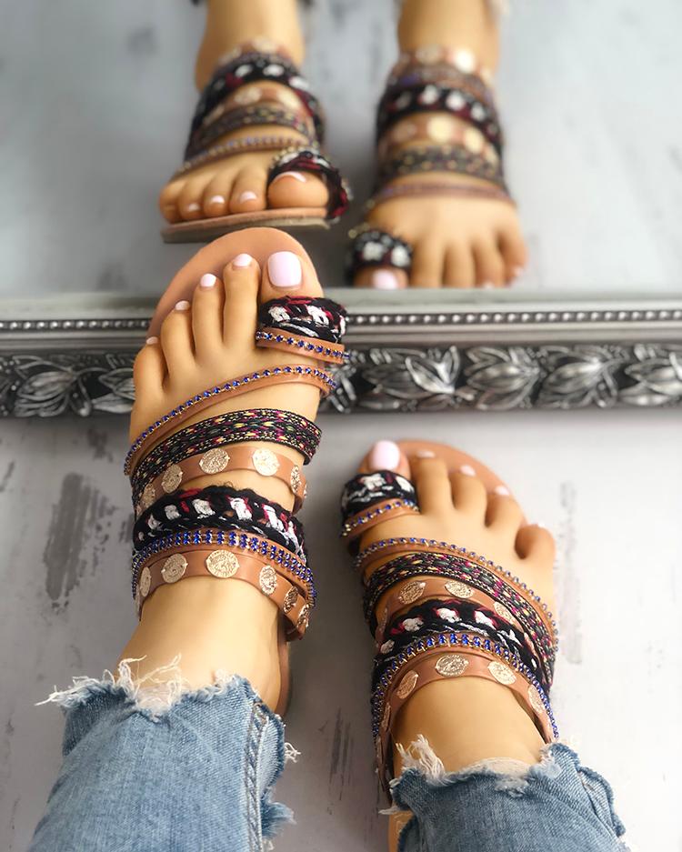 

Ethnic Style Toe Ring Disc Pattern Slippers, Multicolor