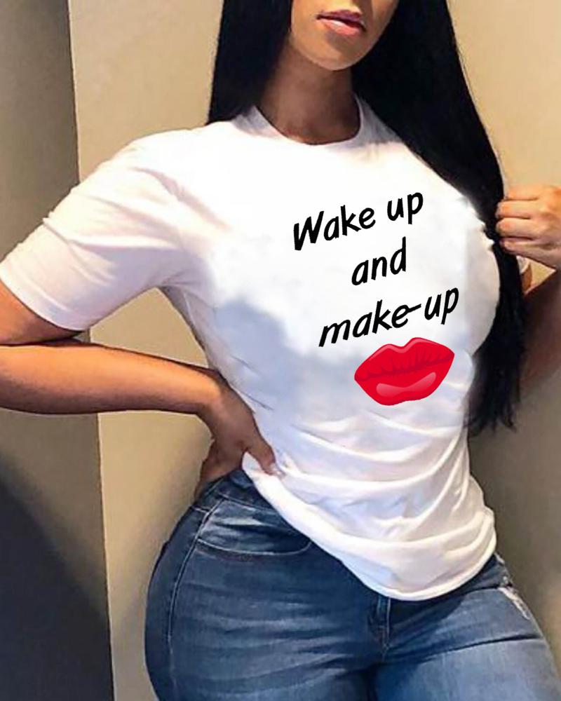 

Letter Lip Print Short Sleeve T-shirt, White
