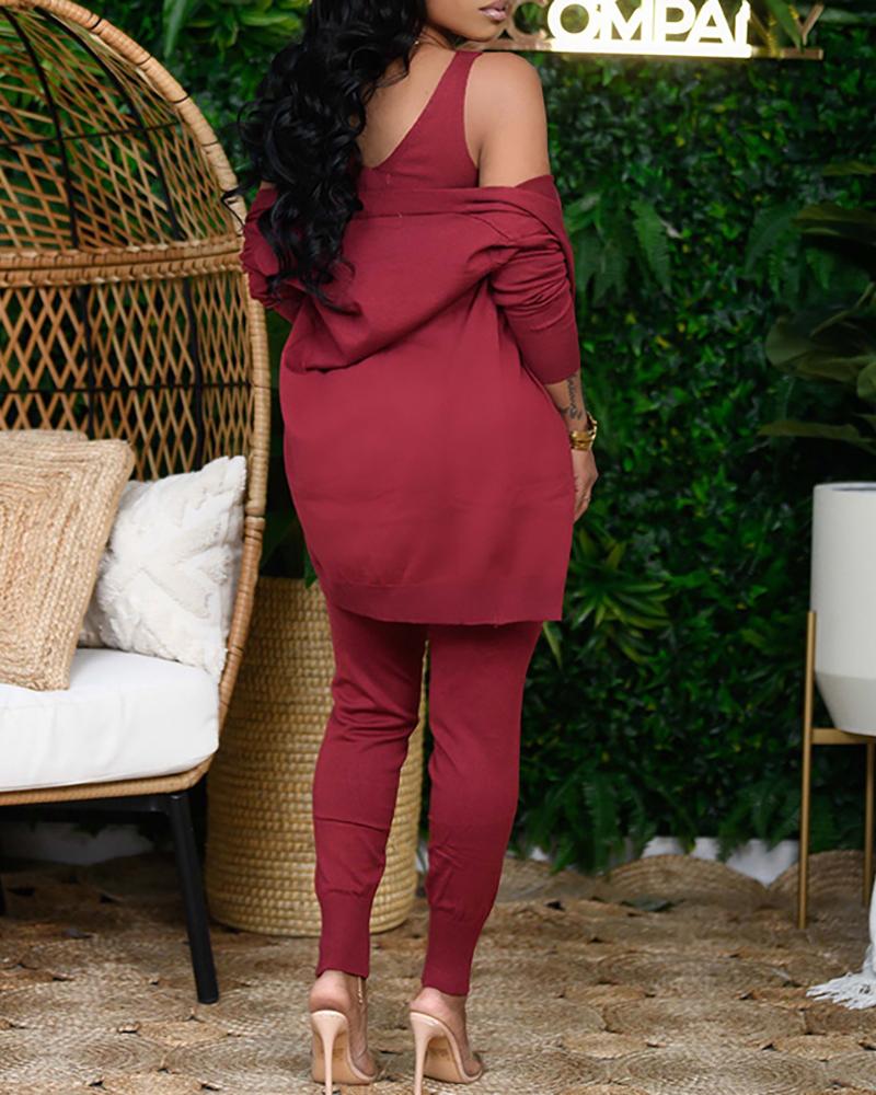 

Solid Thick Strap Top & Drawstring Pants & Hooded Coat Sets, Wine red