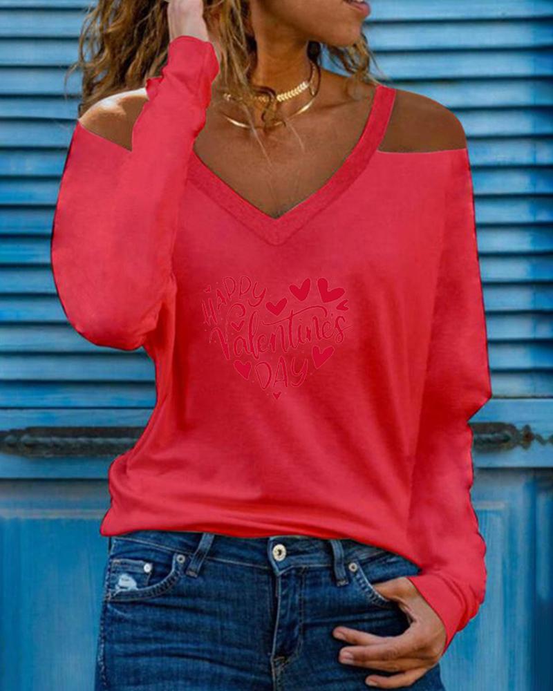

Cold Shoulder Letter Heart Print Top, Red