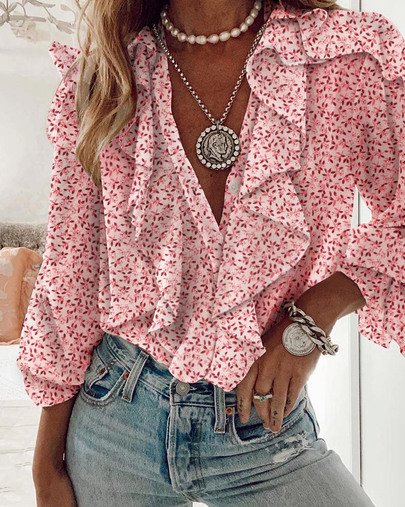 

Ditsy Floral Print Ruffles Long Sleeve Top, Pink