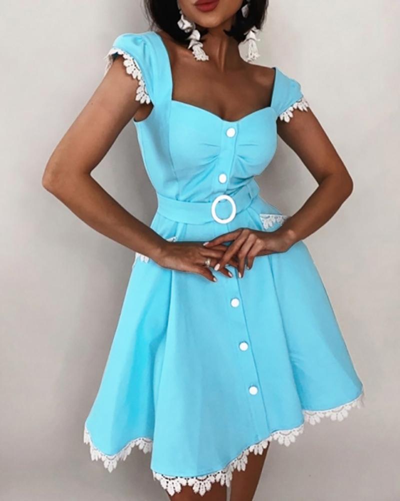 

Guipure Lace Patch Button Front Casual Dress, Blue