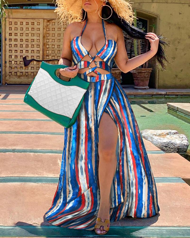 

Spaghetti Strap Slit Tie Dyed Stripe Dress, Multicolor