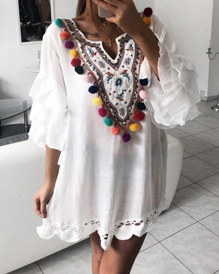 

Tribal Embroidery Colorful Pom Pom Lace Trim Casual Dress, White