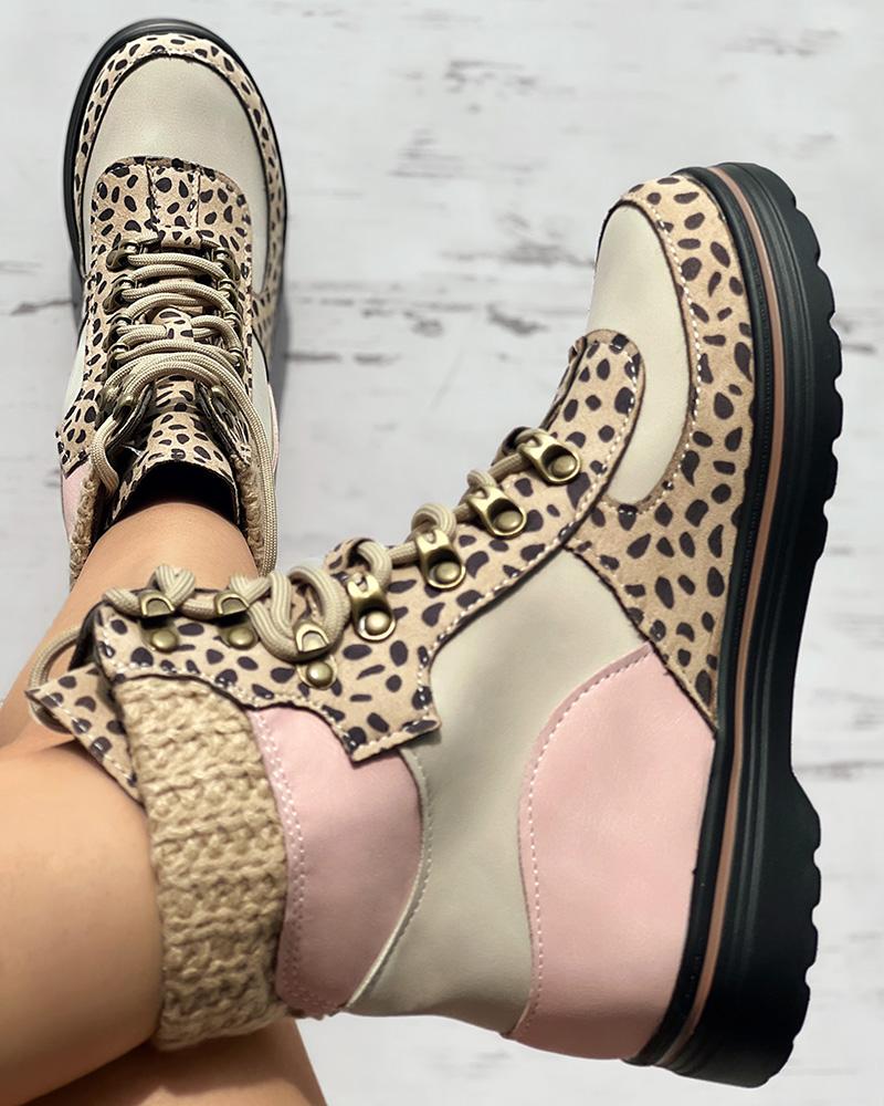 

Lace-up Cheetah Knit Trim Martin Boots, Leopard