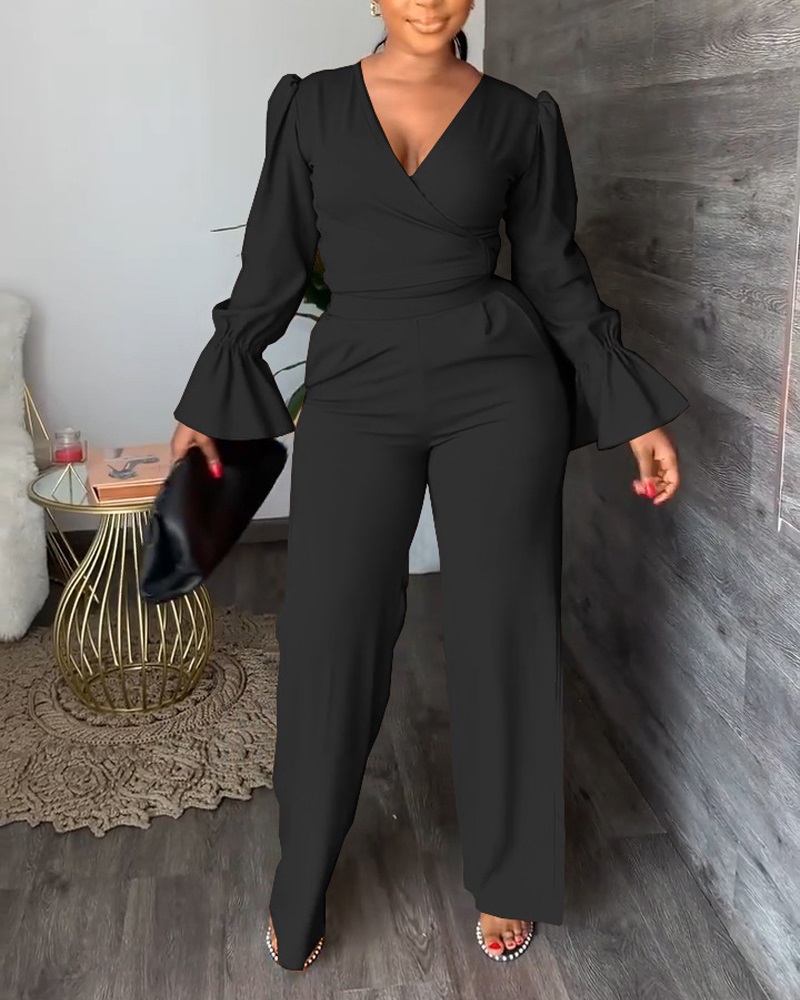 

Bell Sleeve Tied Detail Wrap Top & Pants Set, Black