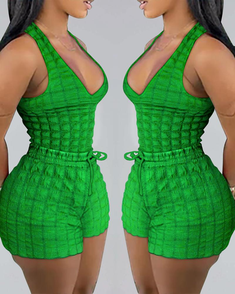 

Textured Casual Tank Top & Drawstring Shorts Set, Green