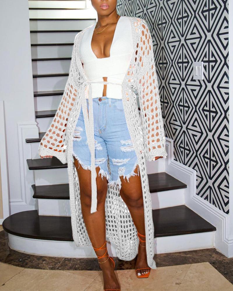 

Hollow Out Open Front Longline Coat, White