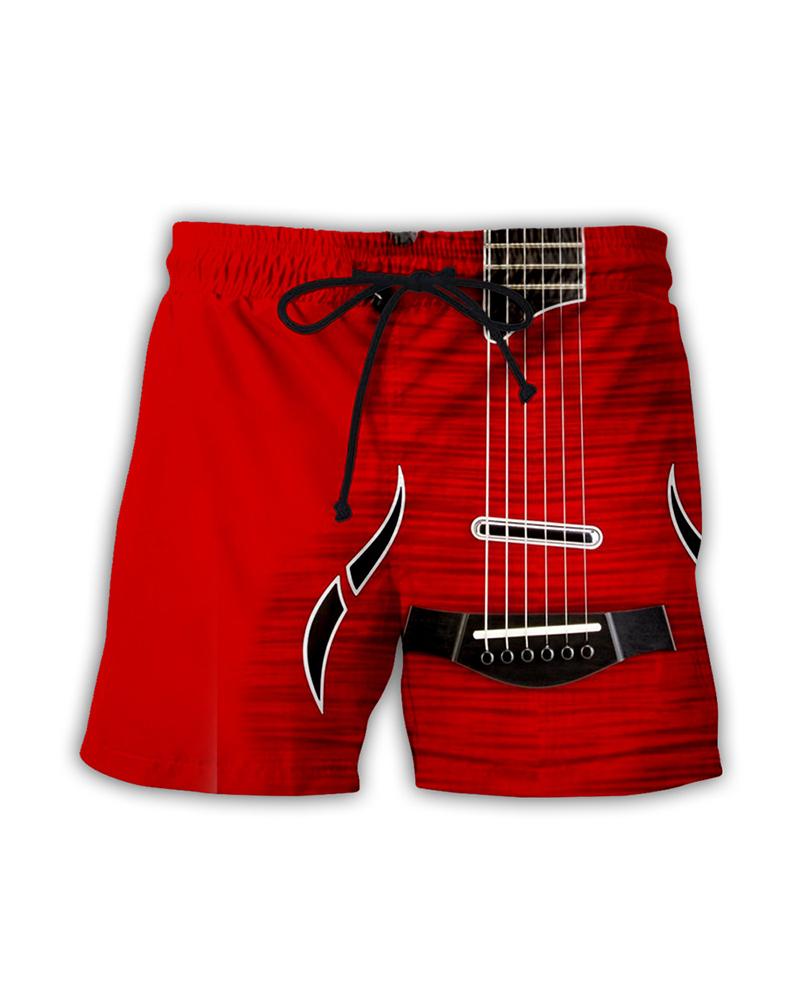 

3D Guitar Patterns Print Loose Drawstring Shorts, Multicolor