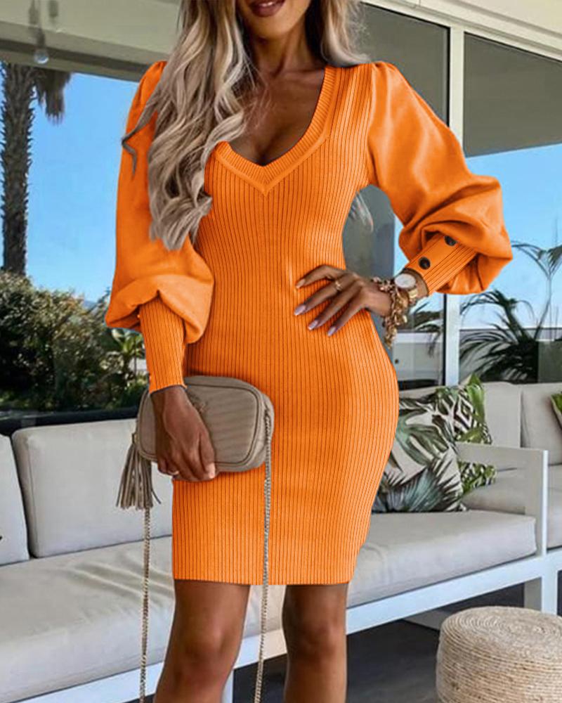 

Vestido Bodycon Puff Gigot Manga Abotoada, Orange