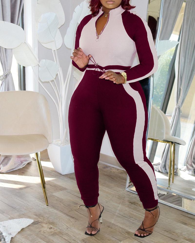 

Colorblock Zipper Design Drawstring Top & High Waist Pants Set, Red