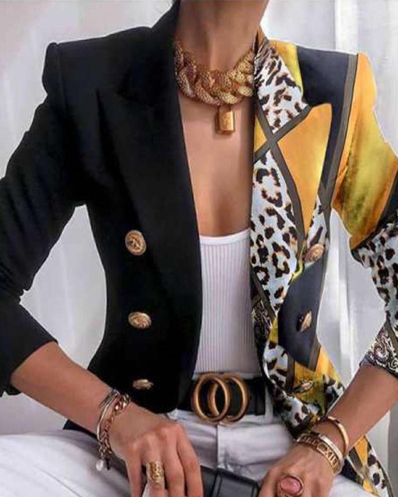 

Colorblock Leopard Print Double Breasted Blazer Coat, Style1