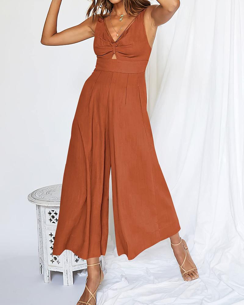 

Pocket Design Wide Leg Suspender Jumpsuit, Brown