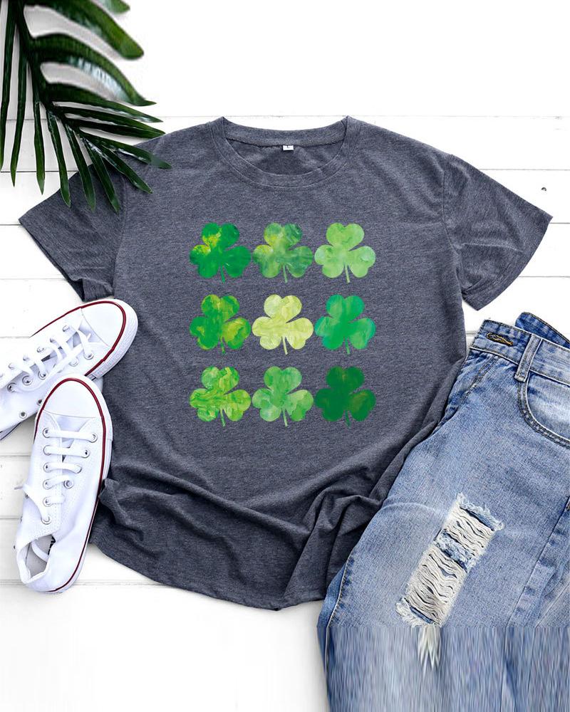 

St. Patrick' Day Clover Print Casual T-shirt, Dark grey