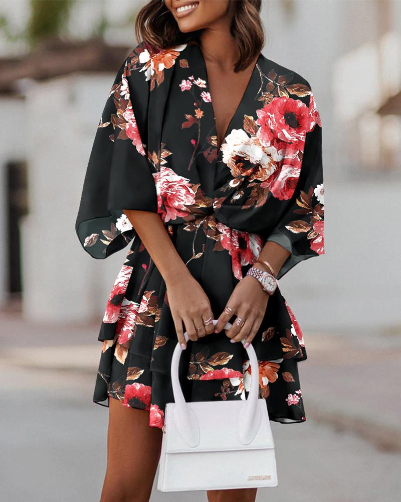 

Floral Print Twist Design Casual Dress, Black
