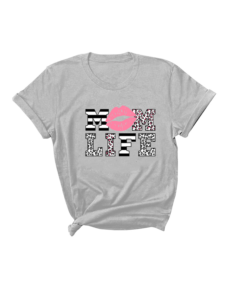 

Mother' Day Lip Letter Cheetah Print Short Sleeve T-Shirt, Gray