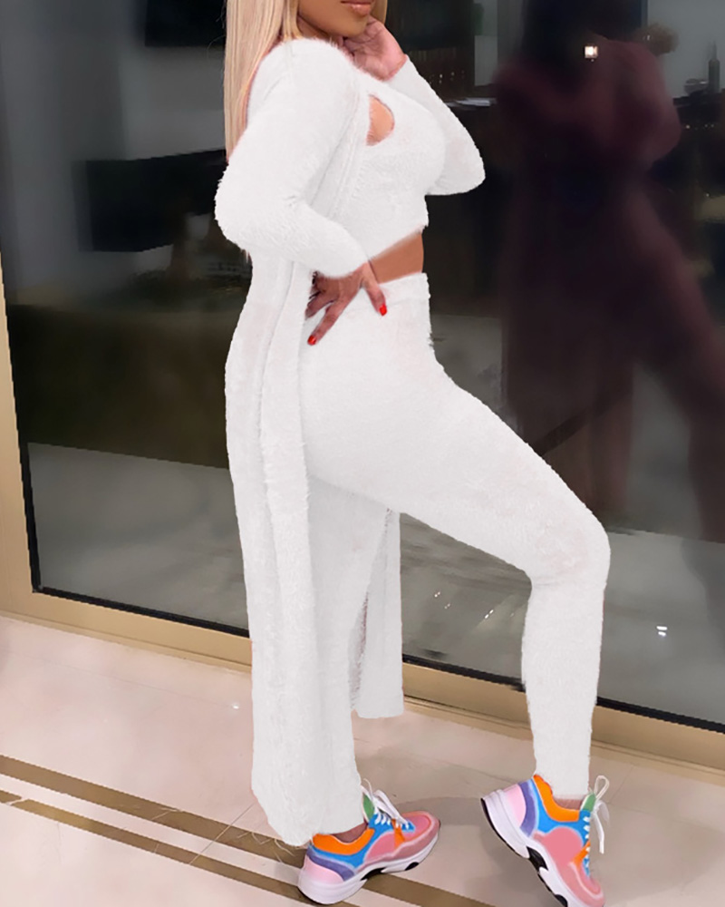

Fluffy Plain Crop Top & Pants & Longline Coat Set, White