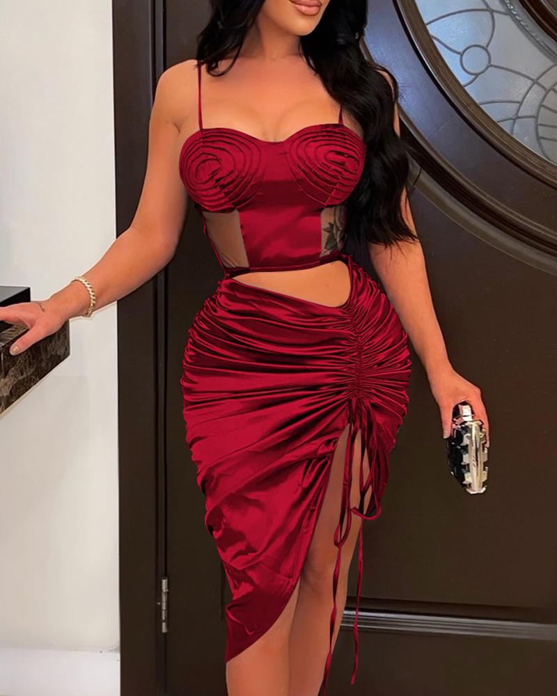 

Sheer Mesh Patch Cutout Satin Ruched Party Dress, Dark red