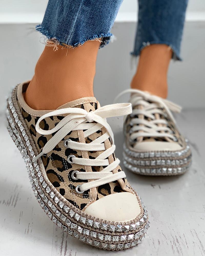 

Rivet Eyelet Lace-up Flat Sandals, Leopard