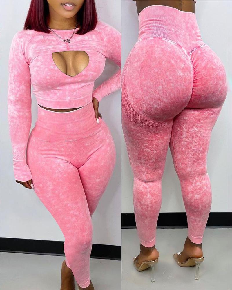 

Cutout Colorblock Long Sleeve Top & High Waist Pants Set, Pink
