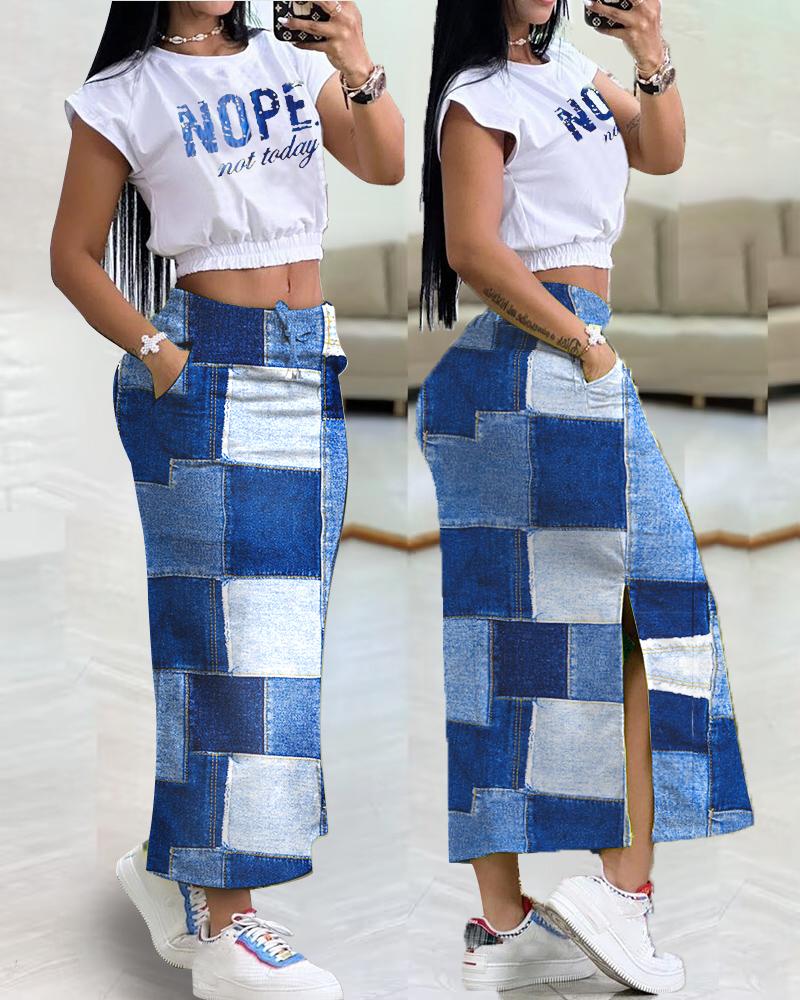 

Nope Not Today Denim Look Print Crop Top & Drawstring Skirt Set, Blue