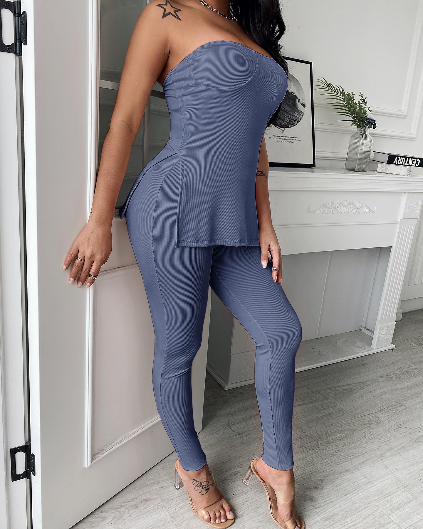 

Plain Blouse & Slit Pit Pants 2 PCS Set, Blue