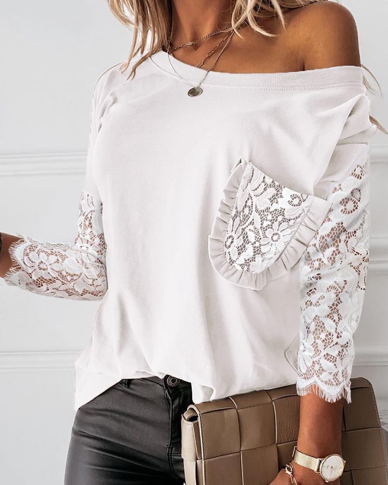 

Pocket Design Crochet Lace Frill Hem Top, White