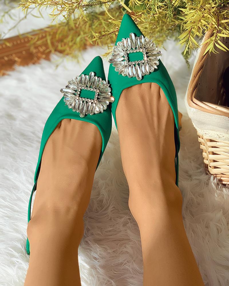 

Rhinestone Decor Pointed Toe Slingback Mules, Green