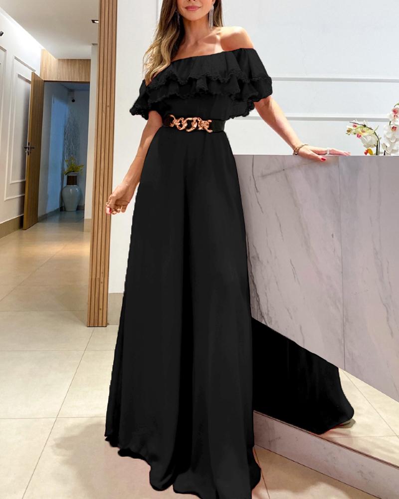 

Off Shoulder Ruffle Hem Wide Leg Jumpsuit, Black