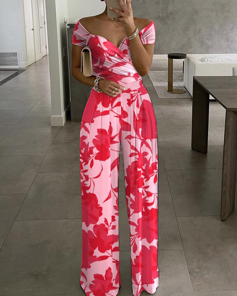 

Plants Print Off Shoulder Wide Leg Jumpsuit, Pink