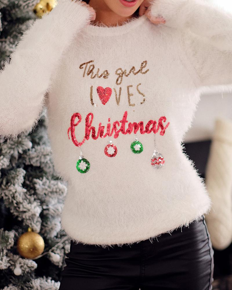

Christmas Letter Heart Pattern Sequins Fluffy Ugly Sweater, White