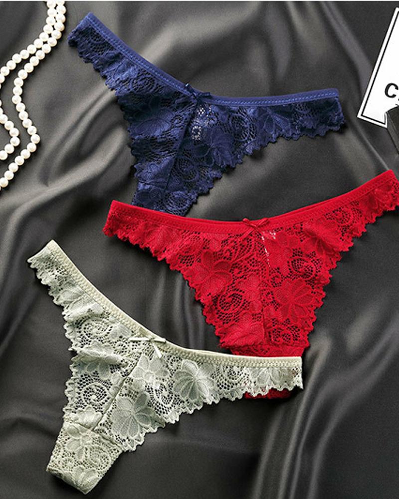 

Bowknot Decor Breathable Lace Thong Panty, Red