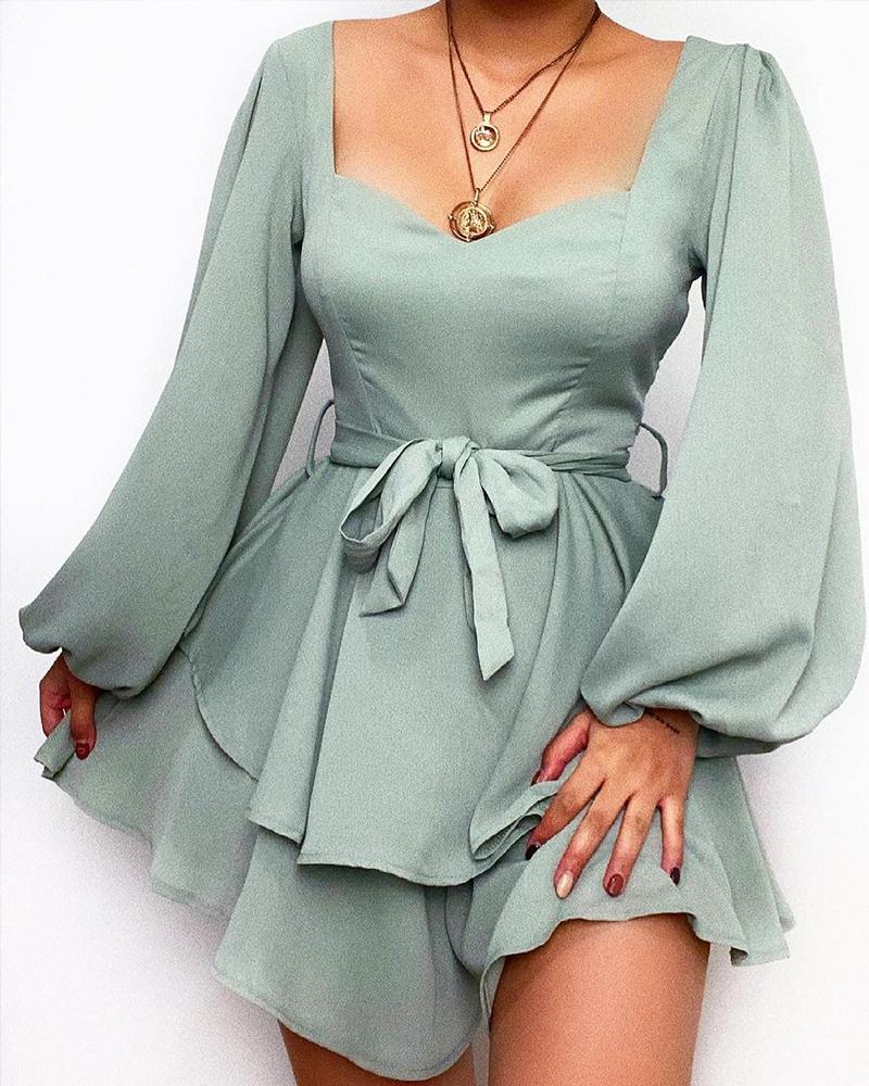 

Solid Lantern Sleeve Layered Belted Mini Dress, Style1